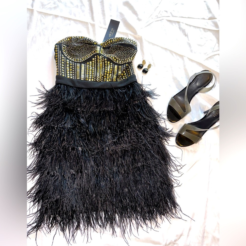 S ark & co black/gold studded dress with feathers.
